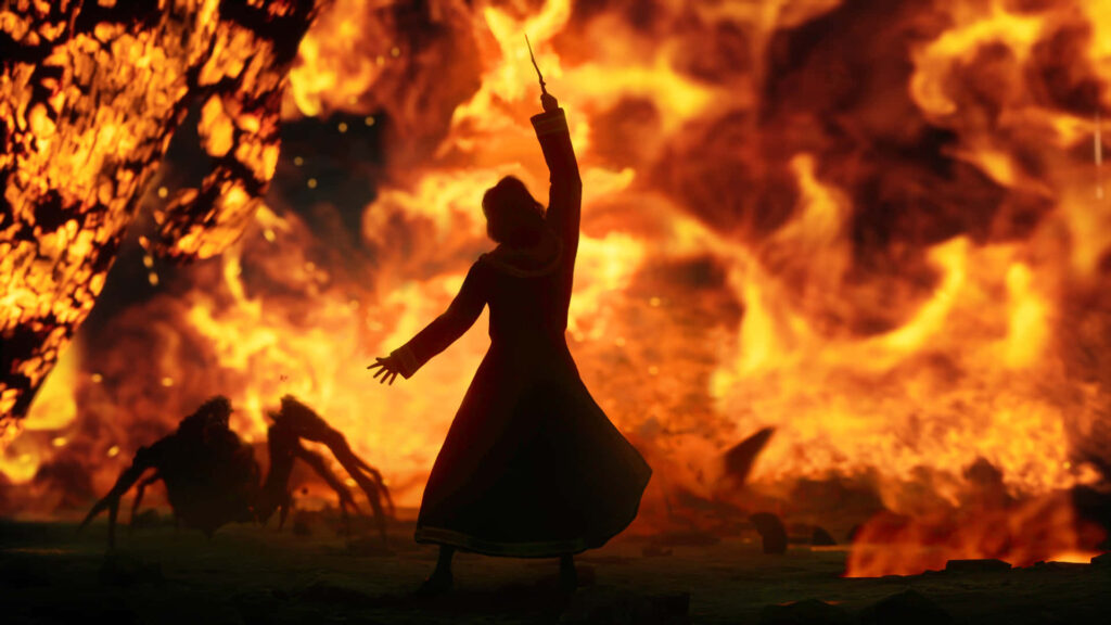 Hogwarts Legacy wizard raises wand boldly against roaring flames in intense magical duel wallpaper