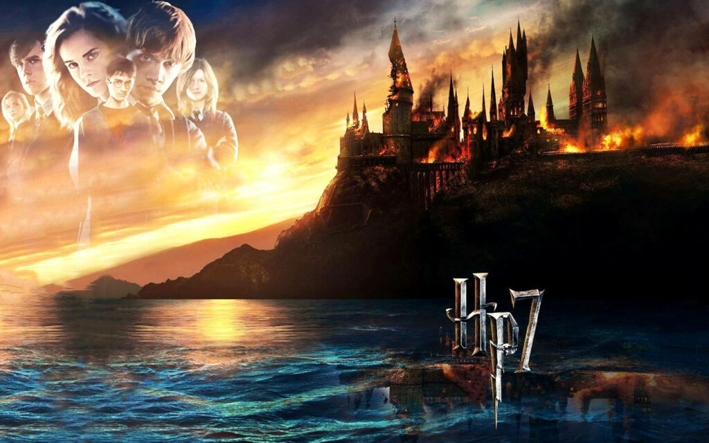 Hogwarts on Fire: Epic Harry Potter HP7 Desktop Wallpaper