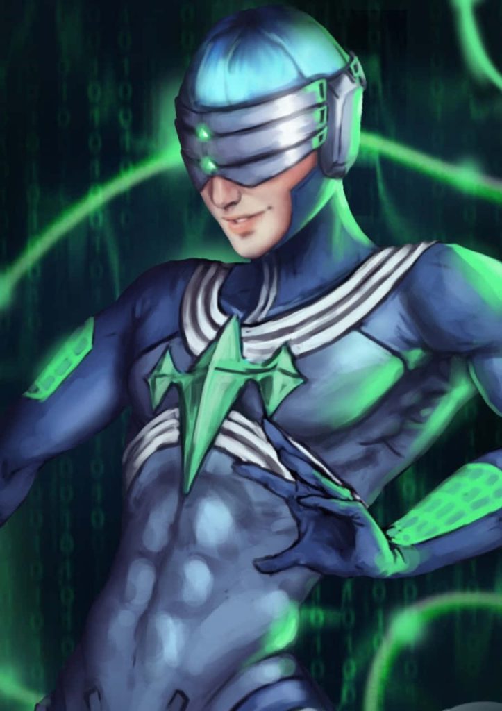 Hōka Inumuta digital art wallpaper in blue Probe Regalia uniform with glowing green emblem and visor