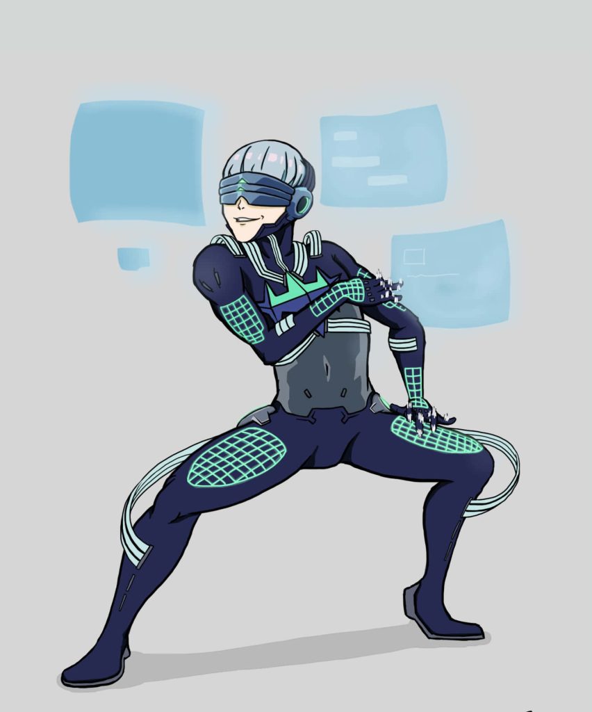 Hōka Inumuta digital art wallpaper in Probe Regalia uniform with glowing grids and holograms