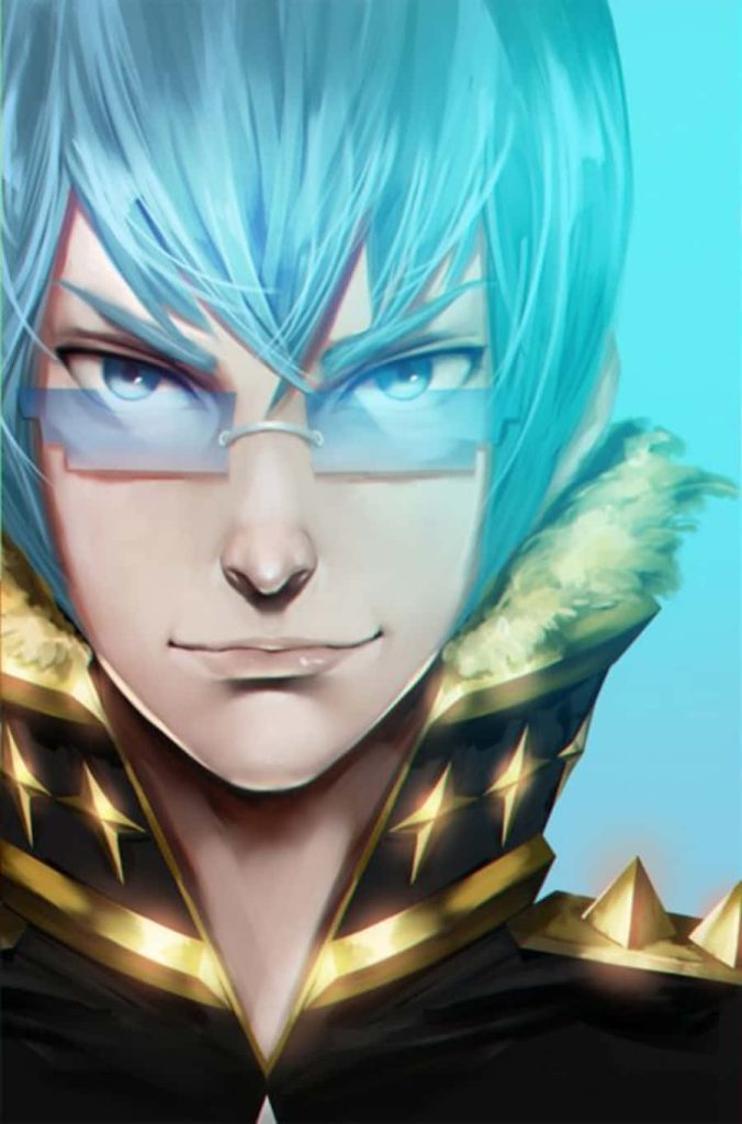 Close-up digital art of Hōka Inumuta from Kill la Kill with blue hair and visor glasses wallpaper