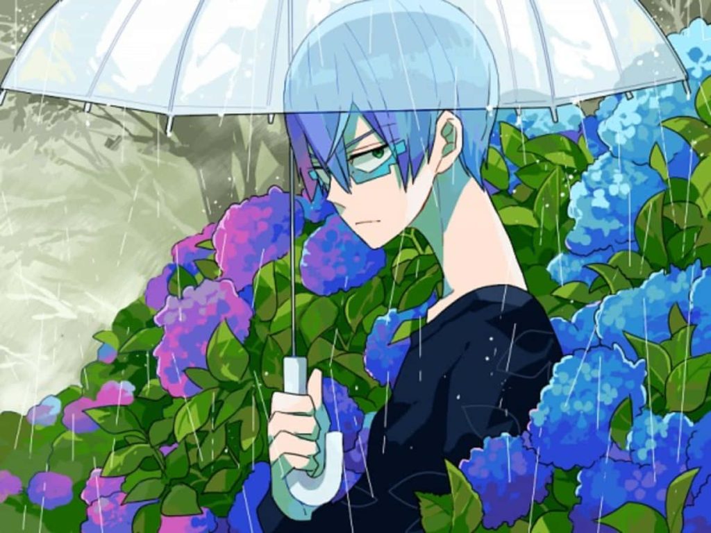 Hōka Inumuta anime wallpaper holding clear umbrella in rain with vibrant blue purple hydrangeas