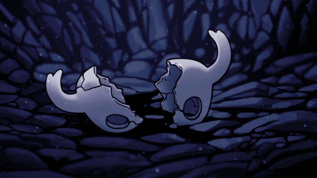 Hollow Knight wallpaper with broken white mask on dark rocky abyss in blue purple tones