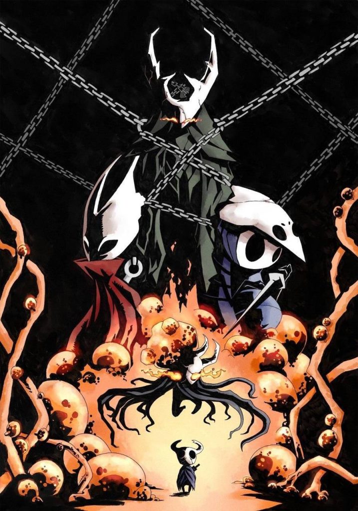 Hollow Knight digital art with Knight facing glowing orange infected landscape dark chains background Wallpaper