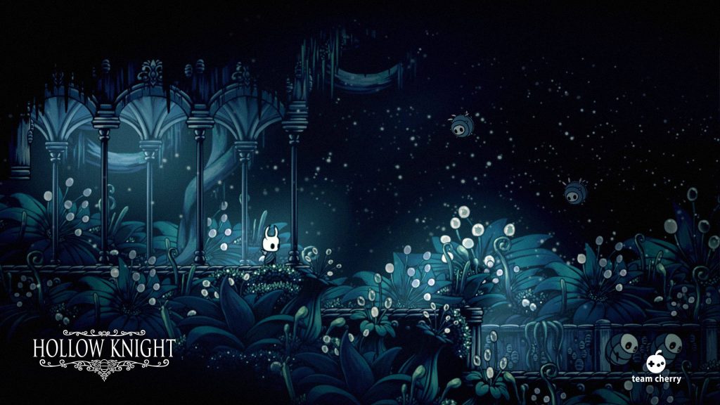 Hollow Knight Greenpath wallpaper with Knight in glowing bioluminescent forest landscape