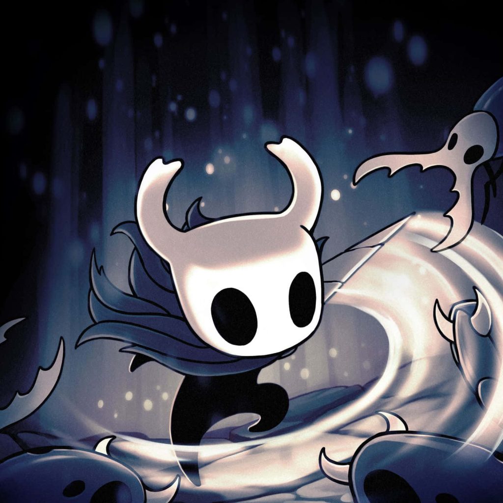 Hollow Knight wallpaper showing Knight mid nail strike in moody blue combat scene background