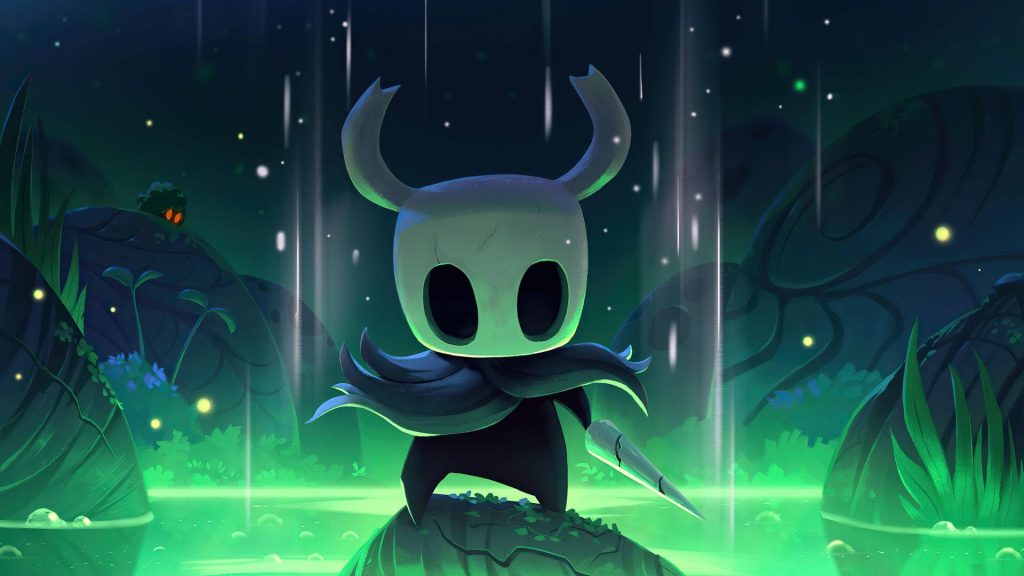 Hollow Knight wallpaper with Knight holding nail in glowing green cavern from Hallownest game