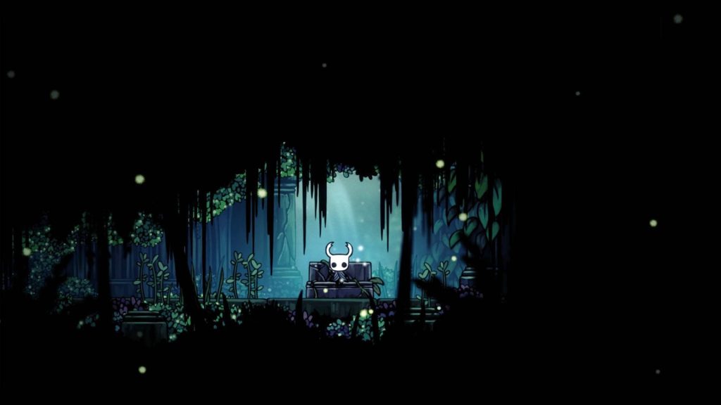 Hollow Knight wallpaper showing The Knight resting on bench in dark glowing forest background