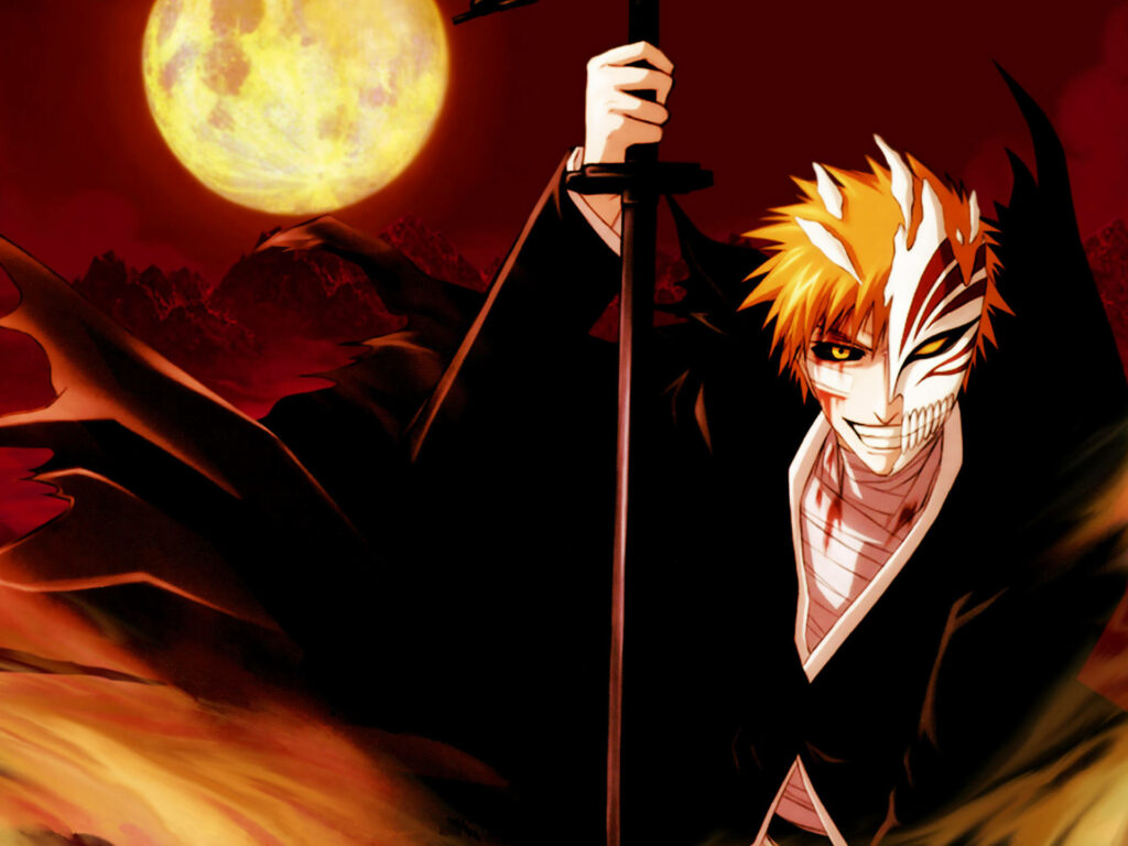 Fierce Hollowfield Ichigo Wallpaper: Red Moon Transformation Art