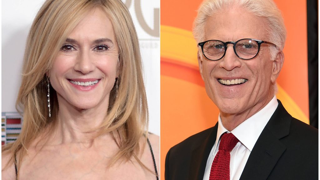 Sharp split-screen portrait of Holly Hunter smiling left and Ted Danson in suit and glasses right Wallpaper