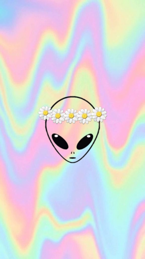 Minimalist alien head with daisy crown on iridescent holographic liquid swirl background wallpaper