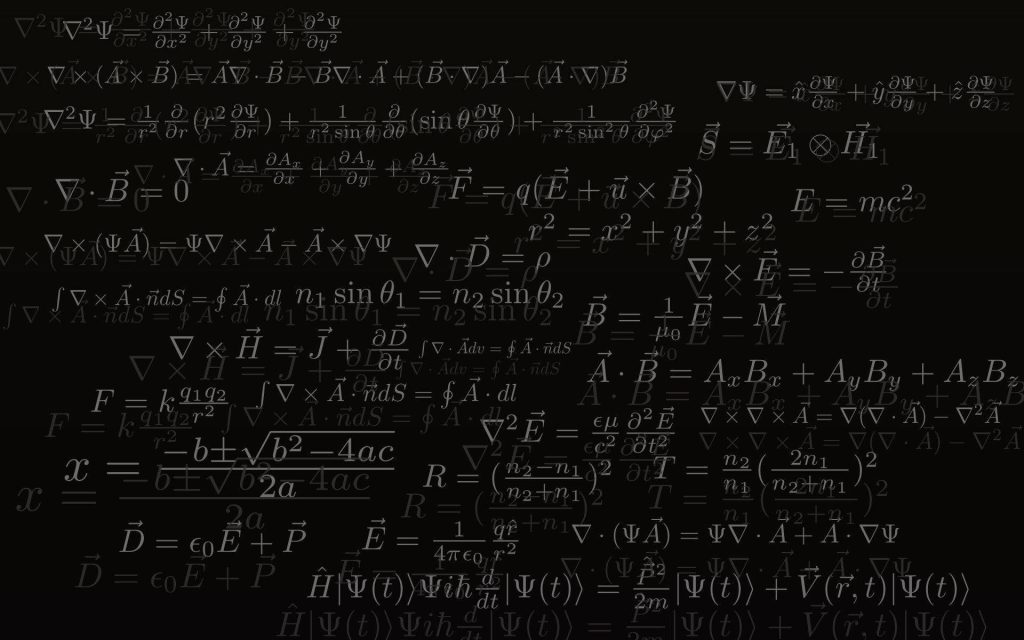 Holographic physics equations wallpaper with Schrödinger Maxwell and Einstein formulas on dark background