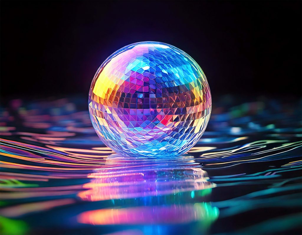 Holographic faceted sphere glows with iridescent colors above dark rippling water reflection Wallpaper