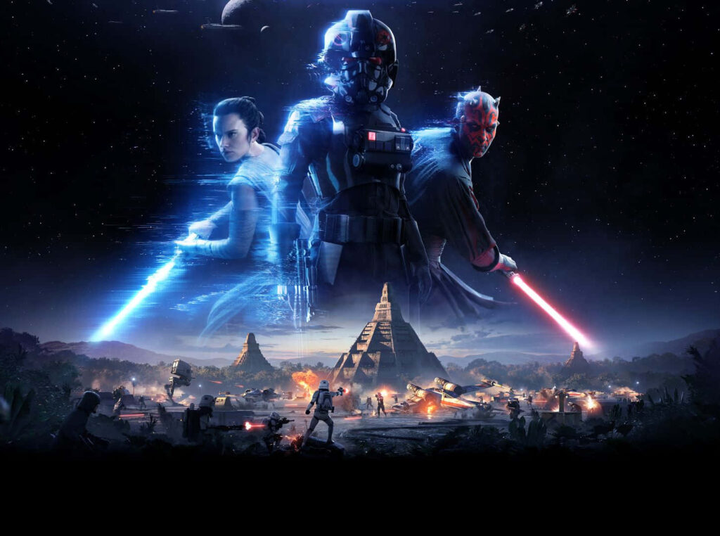 Iconic Star Wars Characters Holographic Wallpaper in a Cityscape