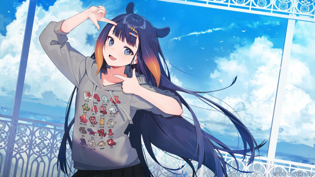 Cheerful Ninomae Ina'nis in grey octopus hoodie against bright blue sky with fluffy clouds wallpaper