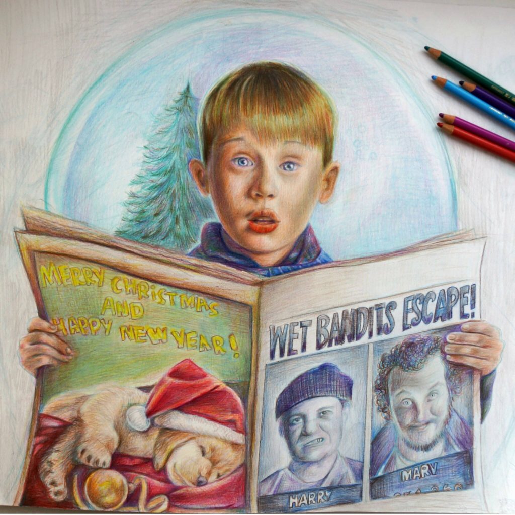 Colored pencil illustration of Kevin McCallister from Home Alone 2 holding Wet Bandits Escape newspaper Wallpaper