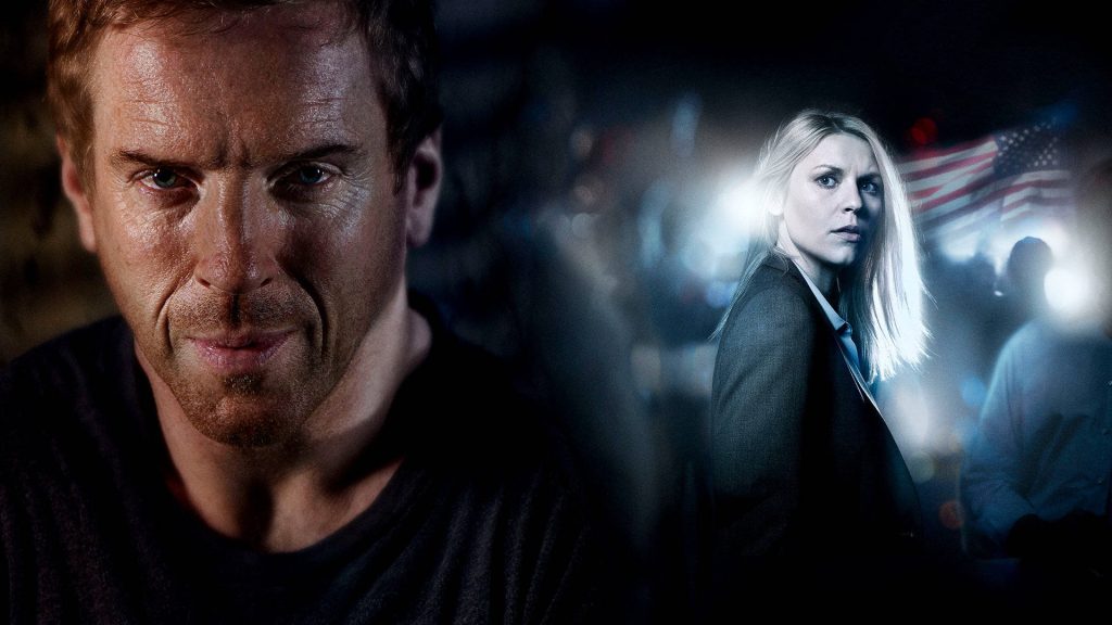 Homeland wallpaper showing intense close-up of Nicholas Brody and Carrie Mathison with American flag