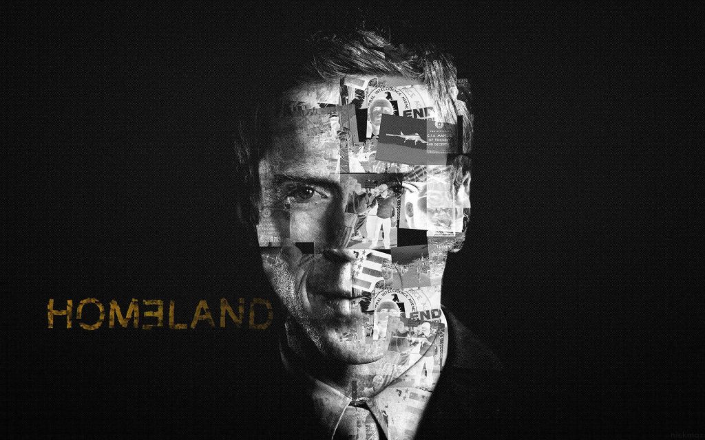 Black and white Homeland wallpaper featuring intense Nicholas Brody portrait and CIA collage scenes