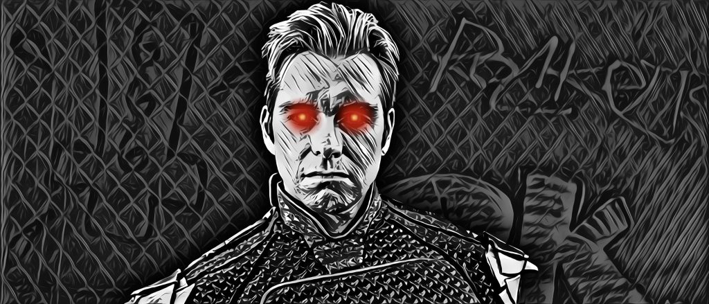 Black-and-white Homelander wallpaper with glowing red eyes and dark chain-link background illustration
