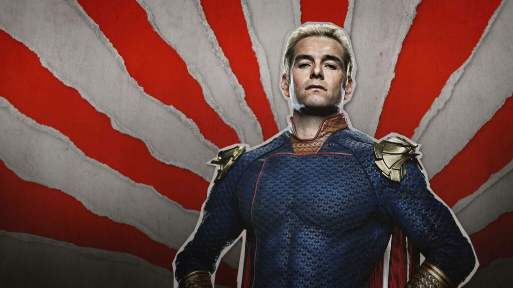 Bold Homelander Wallpaper: Confident Pose on Red & White Background