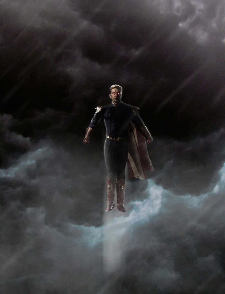 Homelander from The Boys glowing red eyes dark stormy sky dramatic superhero wallpaper background