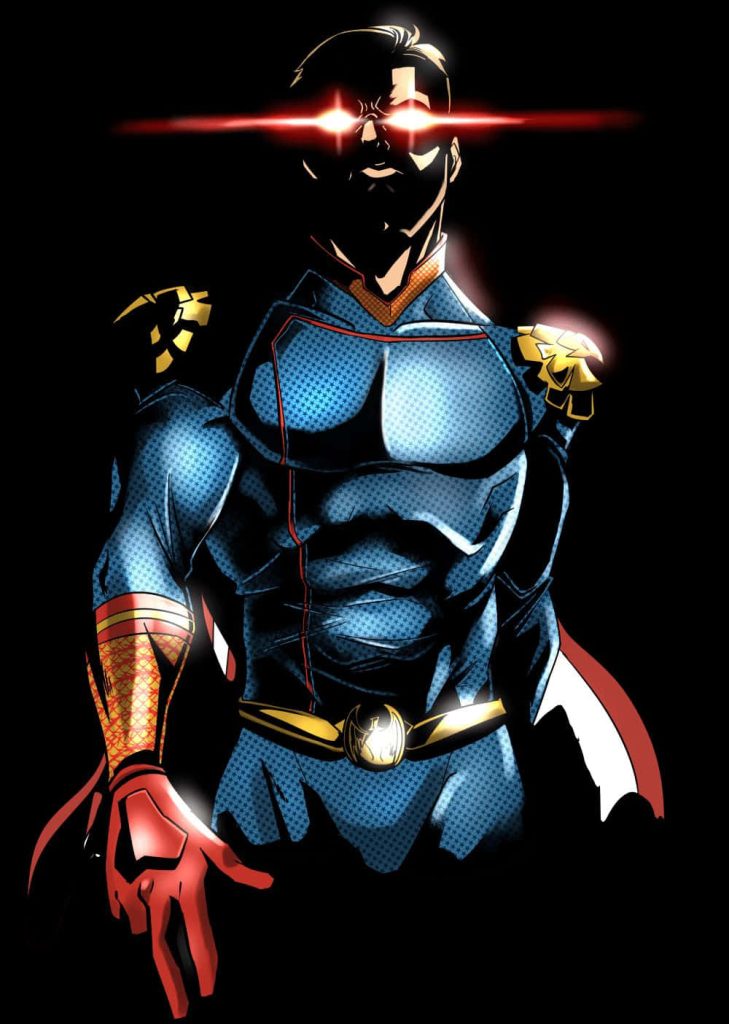 Homelander intense digital art with glowing red eyes and eagle pads on black background wallpaper
