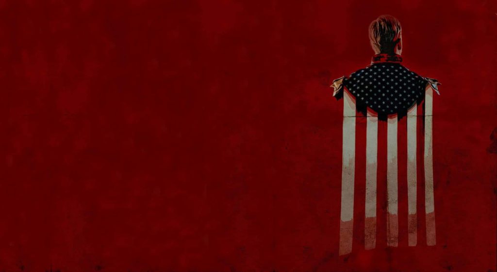 Homelander minimalist digital art wallpaper with American flag cape on deep red background