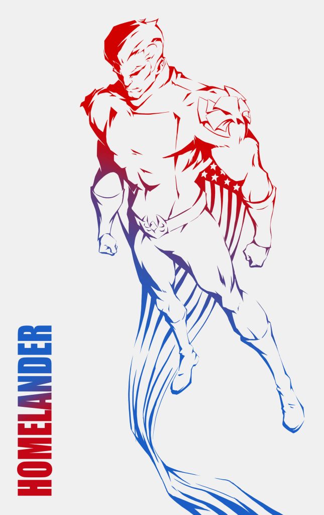 Minimalist Homelander wallpaper showing iconic superhero in dynamic flight with red-blue gradient