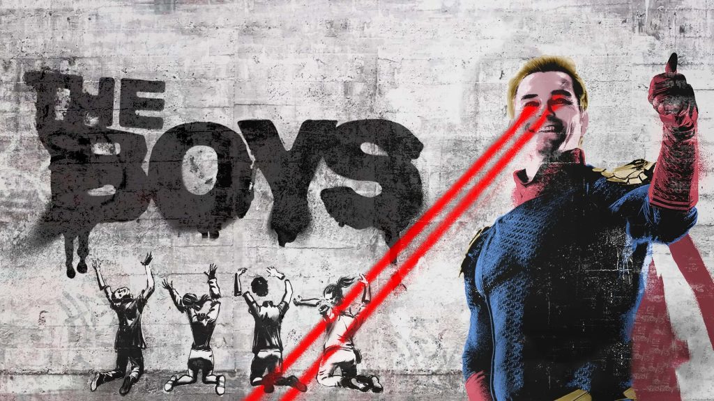 Homelander from The Boys firing red laser vision on textured concrete graffiti wall background Wallpaper