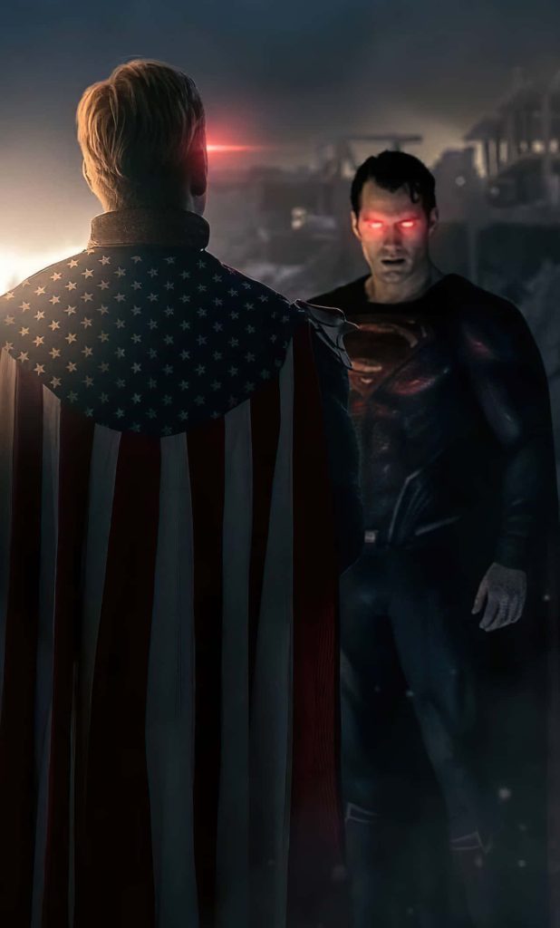 Homelander and dark-suited Superman clash with glowing red heat vision in intense wallpaper