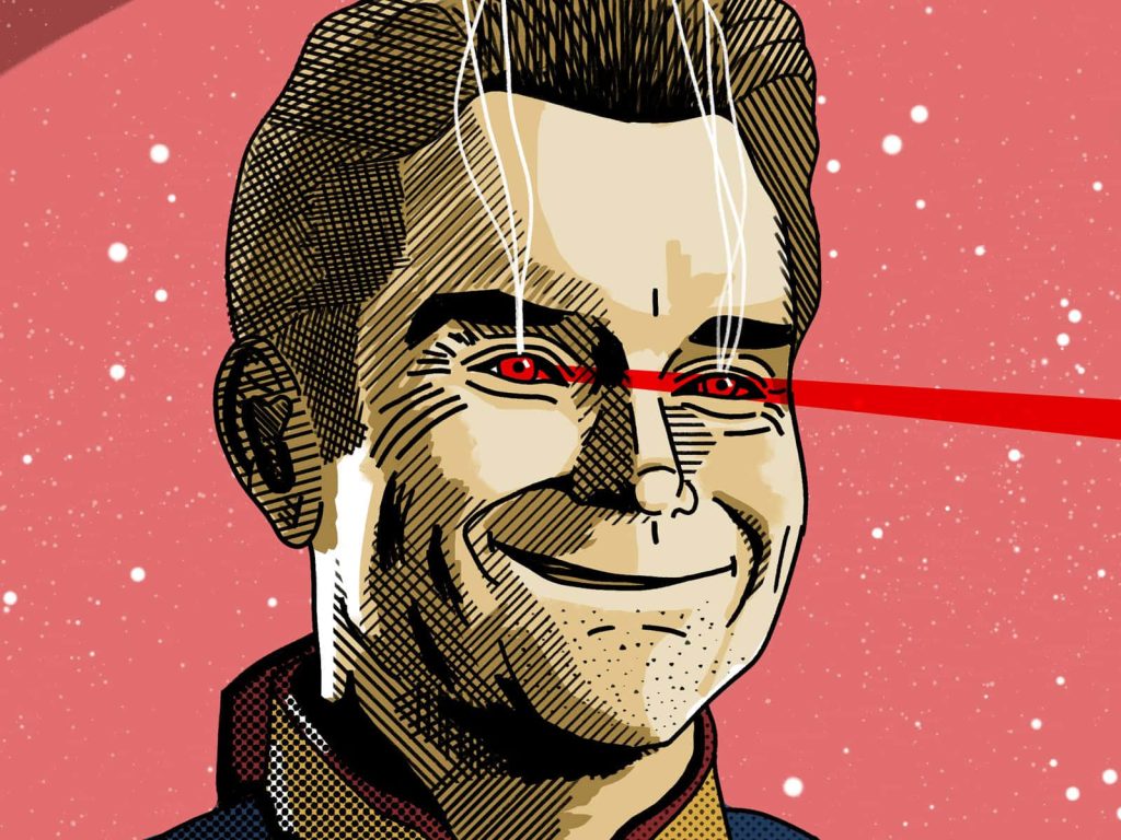 Homelander comic art wallpaper with menacing grin glowing red laser eyes vibrant red background