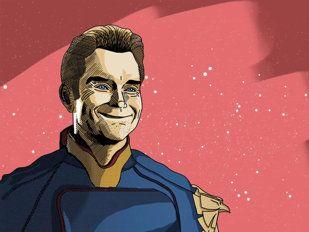 Homelander comic art wallpaper blue suit red background menacing smirk stylized shading