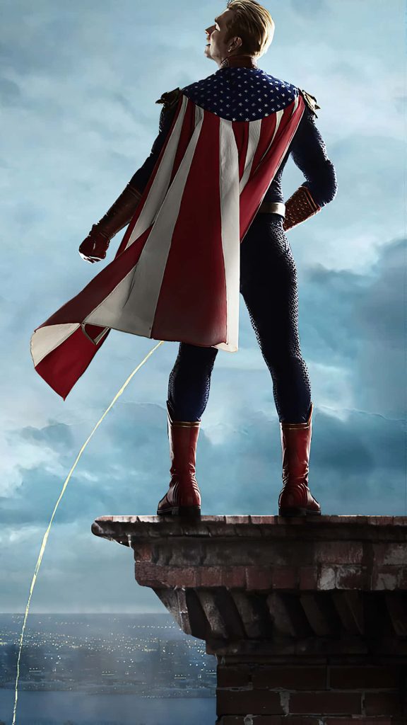 Homelander from The Boys in flag suit on rooftop at twilight dark cinematic wallpaper background