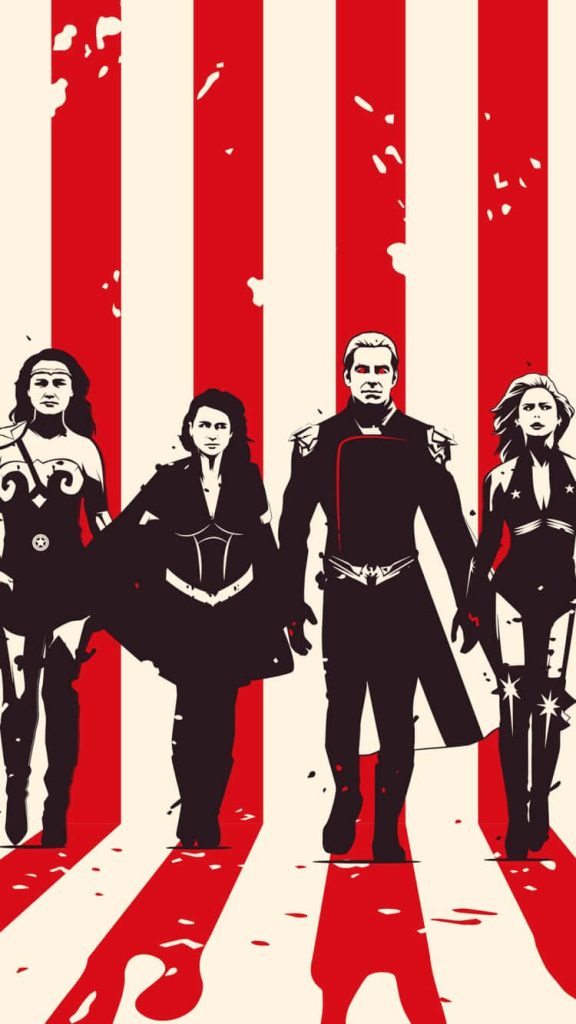 Minimalist vector art of Homelander Queen Maeve Starlight The Seven heroic group on red cream background Wallpaper