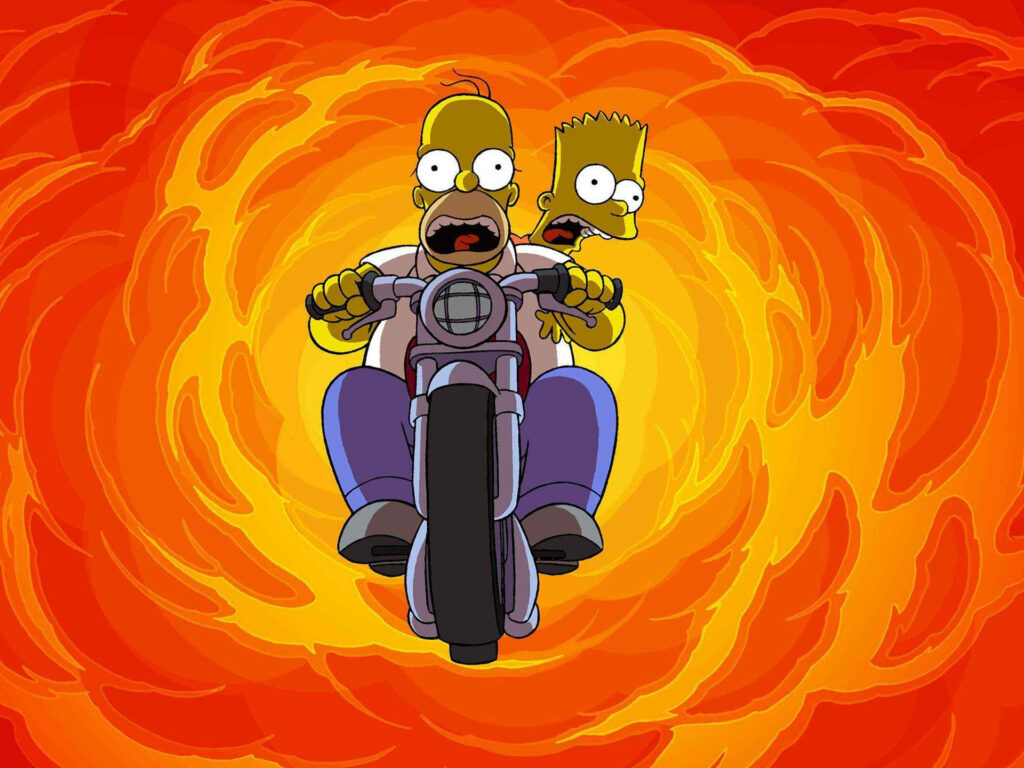 Homer & Bart Simpson Motorcycle Chaos - Fiery Wallpaper Background