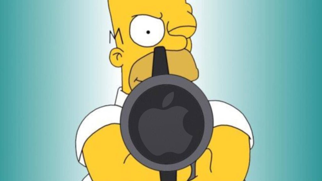Homer Simpson aiming Apple logo device digital art cartoon wallpaper pop culture background