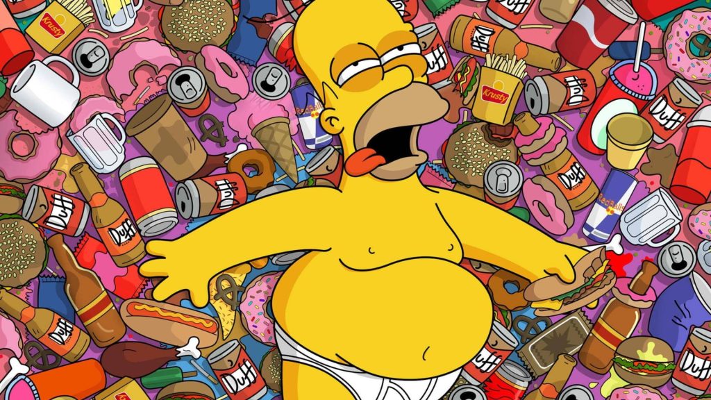 Homer Simpson drooling cartoon wallpaper with Duff Beer Krusty Burger fries burgers and donuts background