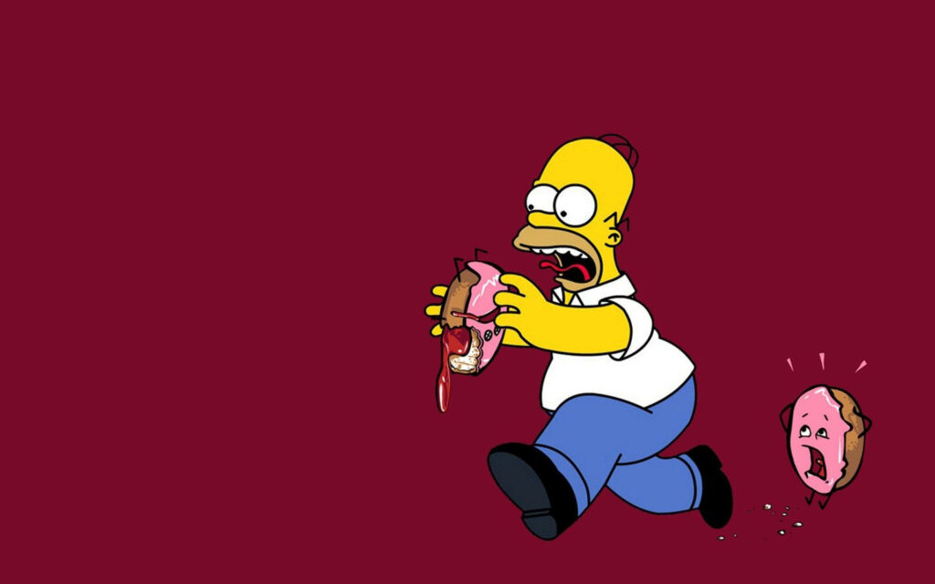 Humorous Homer Simpson Chasing a Donut - Bold Red Wallpaper