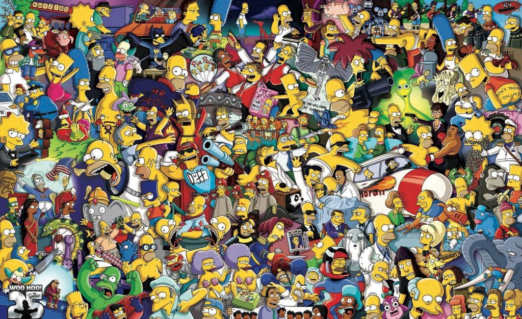 Homer Simpson collage wallpaper colorful chaotic iconic scenes nostalgic Simpsons background