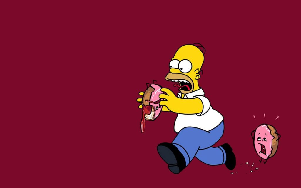 Homer Simpson cartoon grabbing screaming pink donut on maroon background iPhone wallpaper