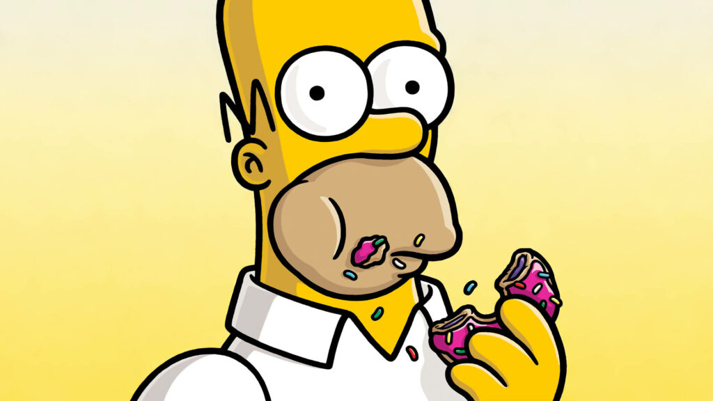 Homer Simpson Enjoys Pink Donut - Vibrant Wallpaper Background