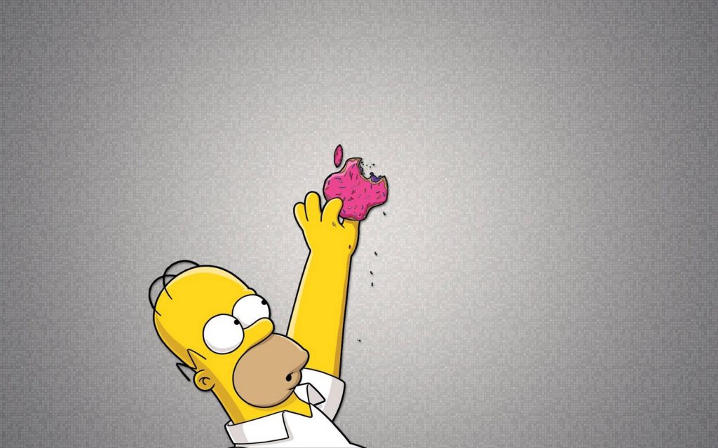 Homer Simpson reaching for pink frosted donut with Apple logo bite on gray textured background Wallpaper