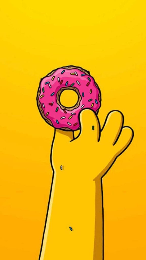 Homer Simpson yellow hand holding pink donut with sprinkles on vibrant yellow background wallpaper