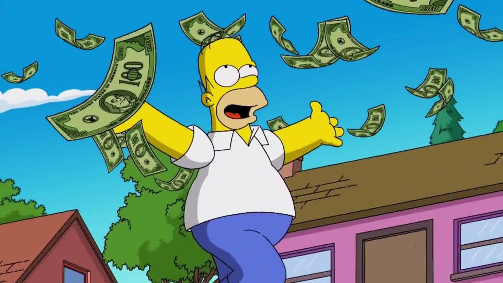 Homer Simpson celebrating wealth with falling hundred dollar bills in Springfield suburbs wallpaper