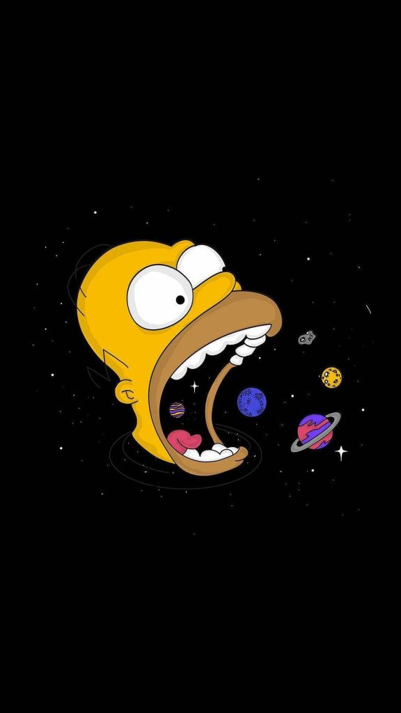 Homer Simpson galaxy wallpaper eating colorful planets minimalist digital art background