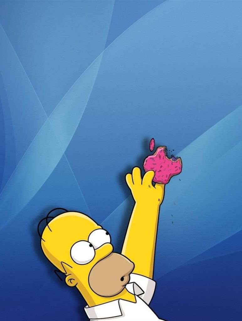 Homer Simpson holding pink donut shaped like Apple logo on blue abstract gradient wallpaper