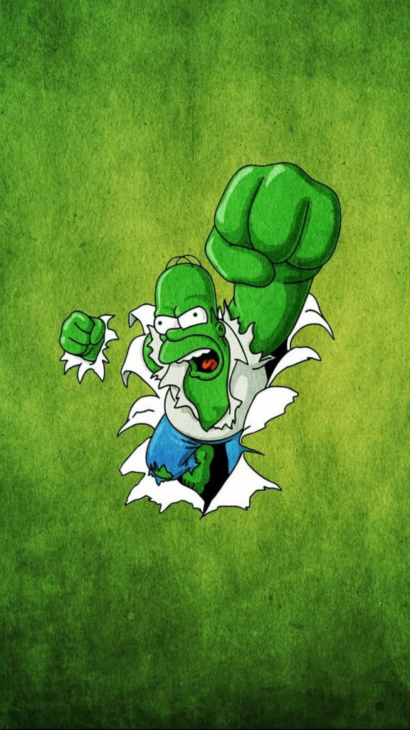 Homer Simpson as the Incredible Hulk cartoon mashup bursting through textured wallpaper background