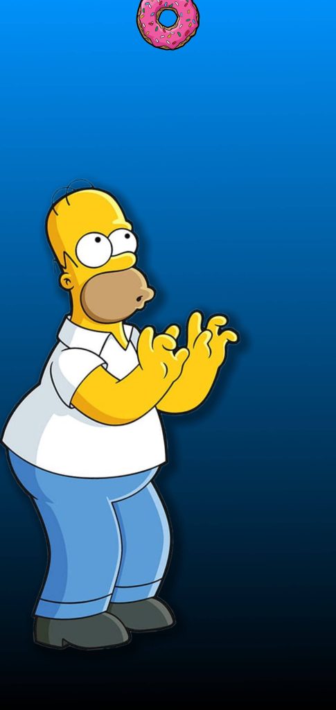 Homer Simpson punch-hole wallpaper with pink donut on blue gradient cartoon phone background