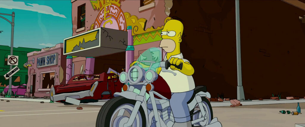 Homer Simpson on Motorcycle: Vibrant Urban Scene Wallpaper