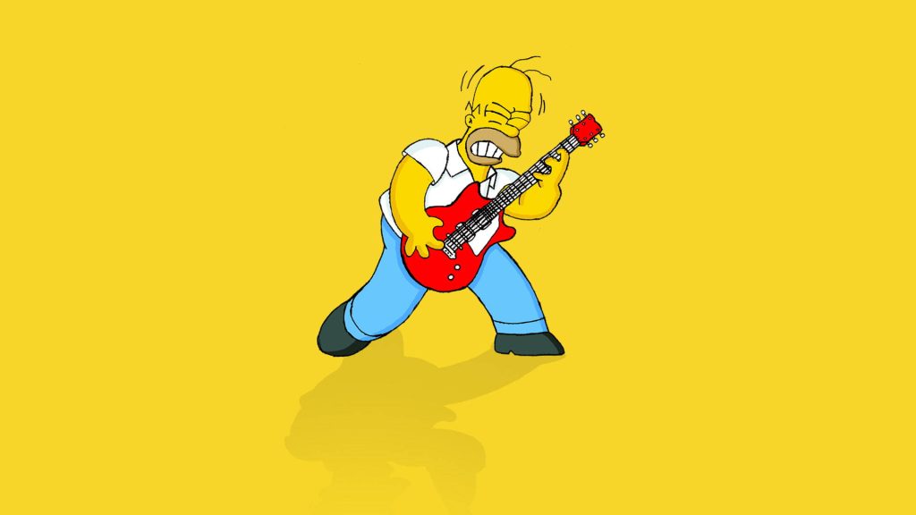 Homer Simpson rock guitar wallpaper vibrant yellow background Simpsons cartoon illustration